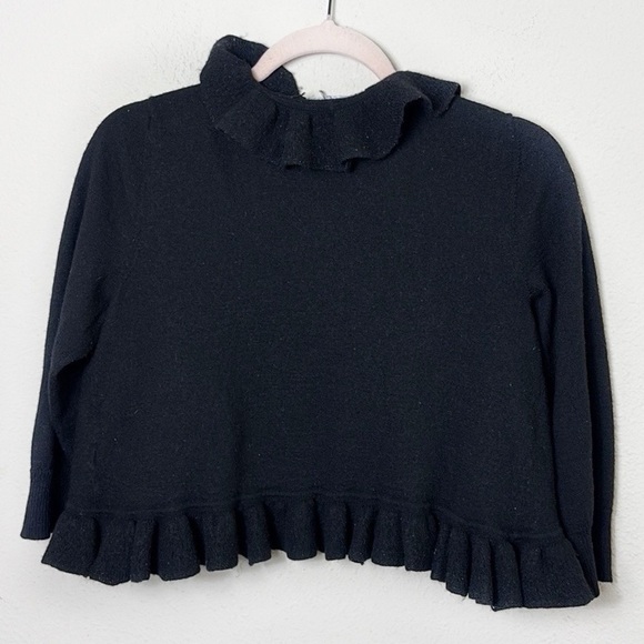 DVF Diane von Furstenberg Wool Blend Black Ruffle Cropped Cardigan Sweater Large - Picture 2 of 8